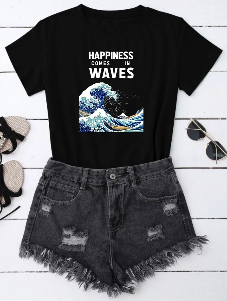 

starqueen HJN Unisex Happiness Comes In Waves T-Shirt Vintage Fashion Hokusai The Great Wave Tee