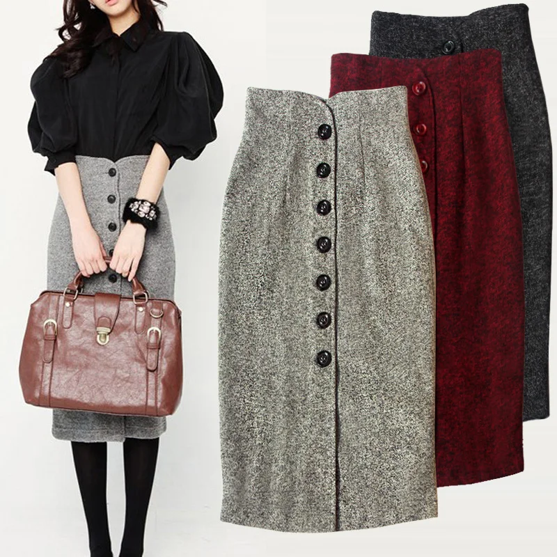 

Осенне-зимняя длинная облегающая юбка с высокой талией, однотонная шерстяная однобортная юбка-карандаш, модная зимняя юбка