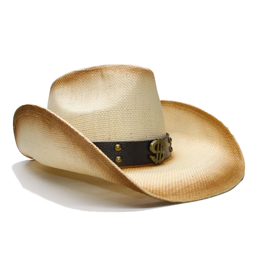 

LUCKYLIANJI Retro Women's Men's Summer Straw Beach Wide Brim Cowboy Western Cowgirl Hat Dollar Sign Leather Band(58cm)