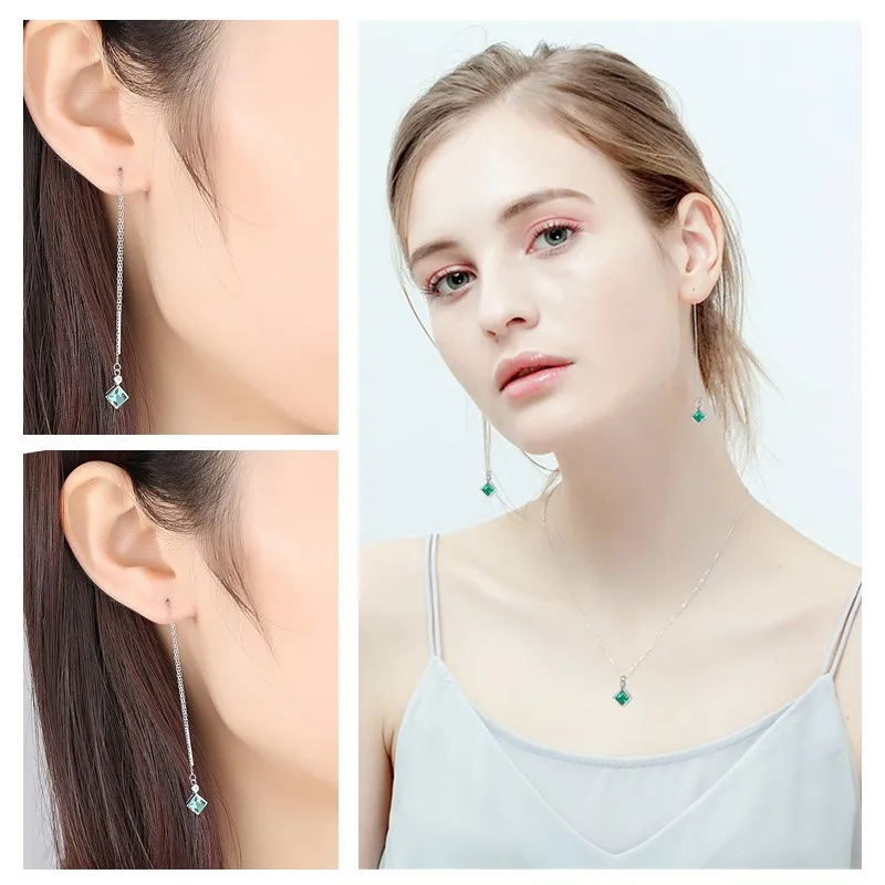 LANCAI Fashion Manual 925 Sterling Silver Earrings Genuine Square Emerald Drop for Women Fine Jewelry Lovers Gift | Украшения и