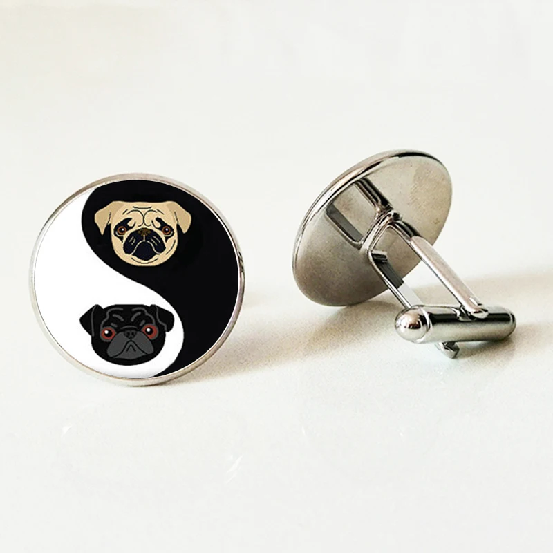 

Yinyang Pug Glass Cufflinks Black and Tan Bulldog Dog Jewelry Gift for Pag Lovers Rescue Jewelry men Cufflinks