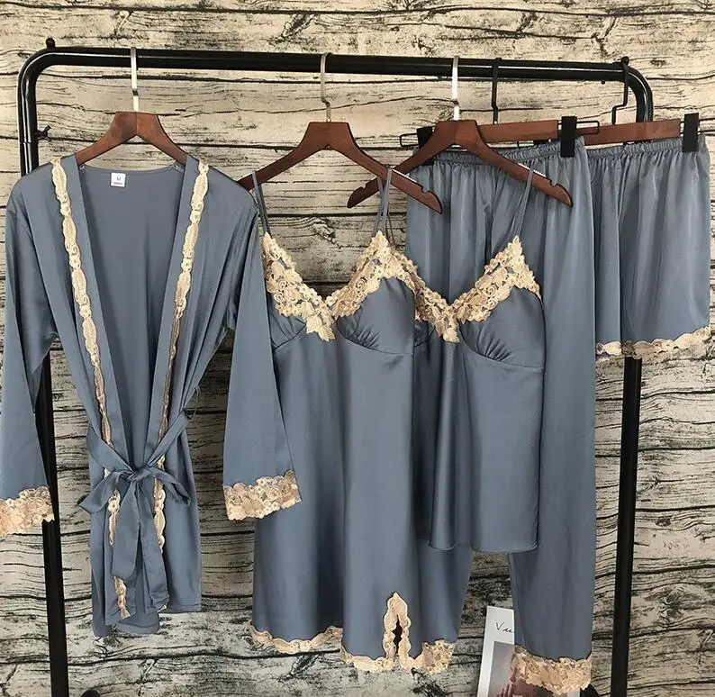 Blue Gray Новинка, 5 шт., кружевной сексуальный пижамный комплект с нагрудным подкладом, ночная рубашка+ штаны+ кардиган, комплект одежды для сна - Цвет: Blue Gray