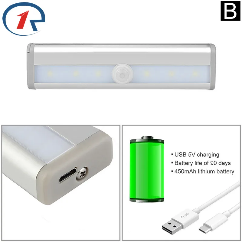 ZjRight светодиодные трубки лампы USB Перезаряжаемые батарея с пассивным инфракрасным датчиком движения Авто движения Кухня шкаф-купе дял спальни закрытый ящик ночной Светильник