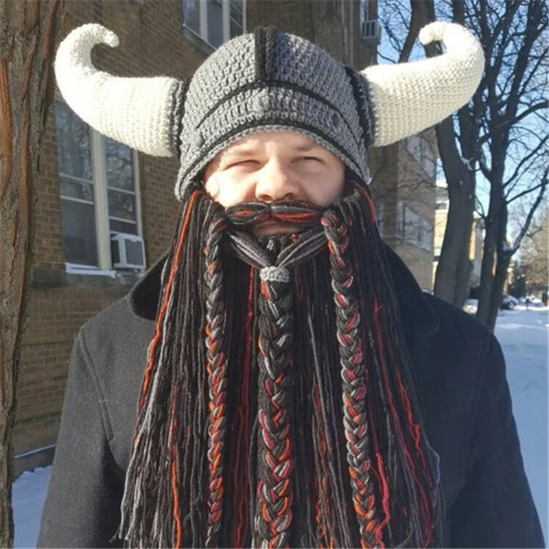 Забавные мужские вязаные шапки Vikings Beanies ручной работы с рогом бороды зимние
