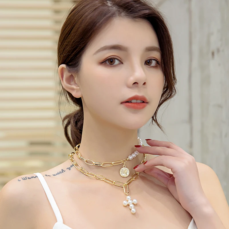 2019 new retro pearl cross necklace chain queen coin pendant personality short | Украшения и аксессуары