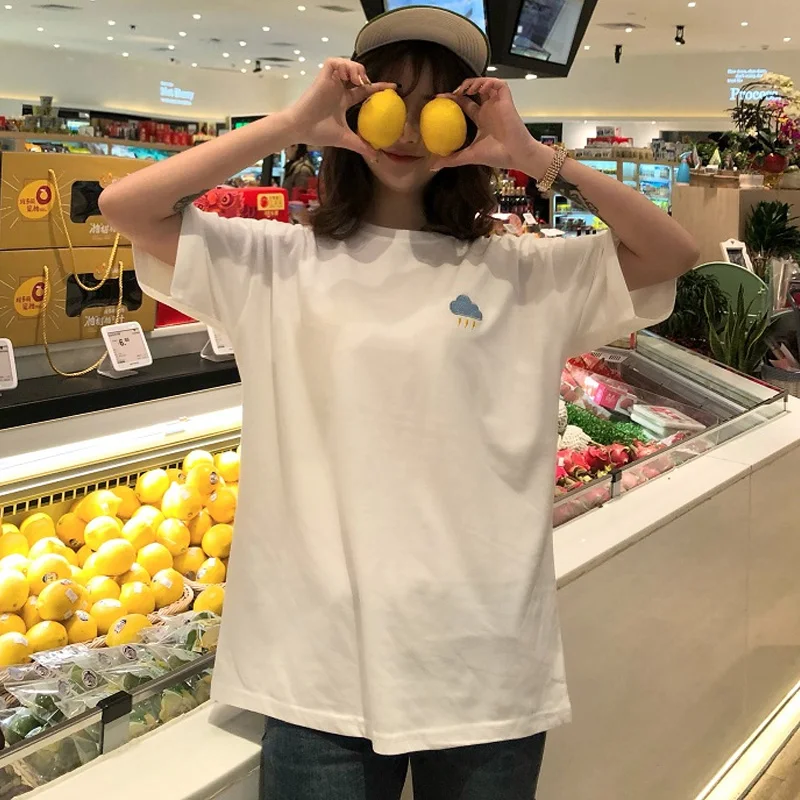 Корейская kawaii футболка с коротким рукавом harajuku простая вышивкой Женские
