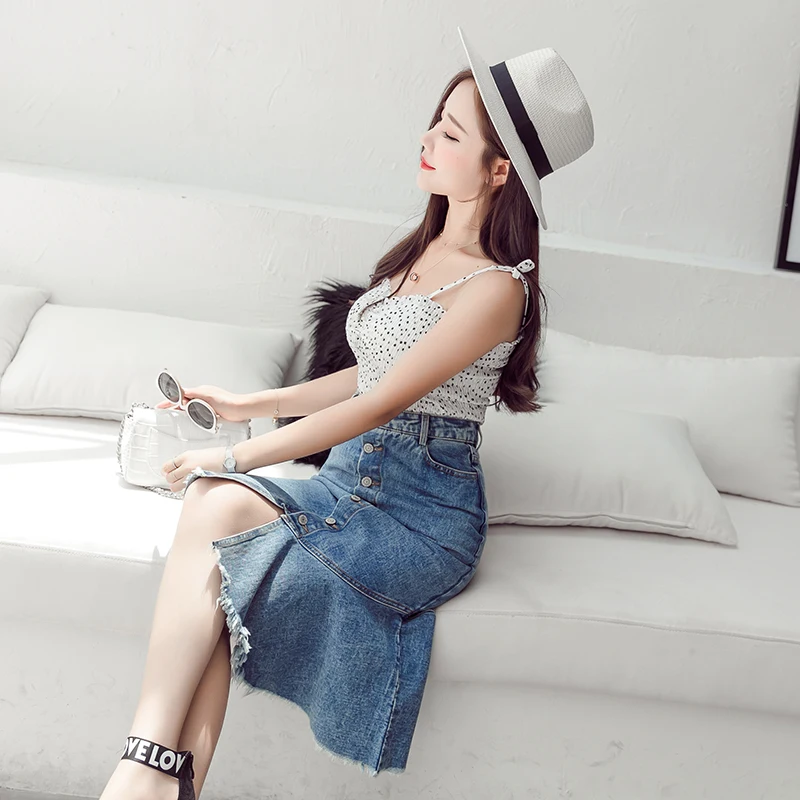 Women Fringed Hem Hip Package Streetwear Skirts Casual Irregular Mid-length Jean Skirt Single Breasted Summer Bottoms