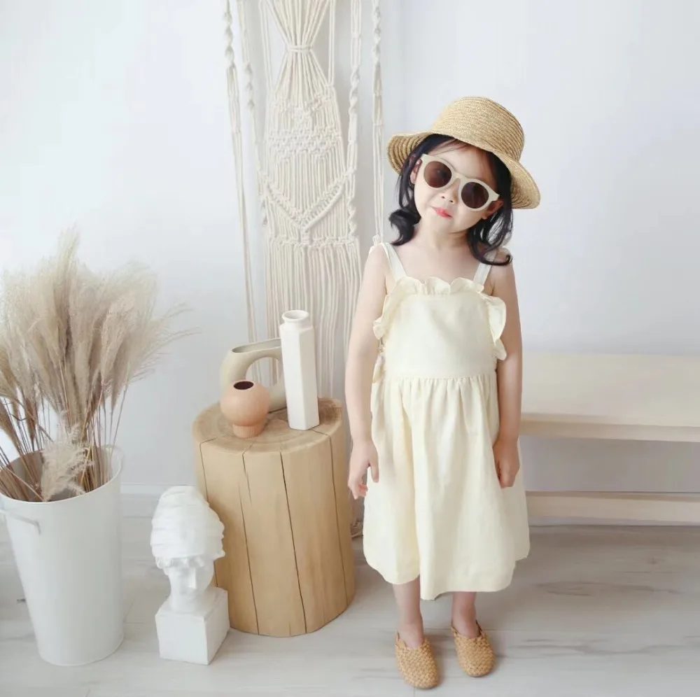 kids dresses Romantic summer dress solid color bow tie strap lovely baby girls clothes Cotton&amplinen comfortable fabric | Детская