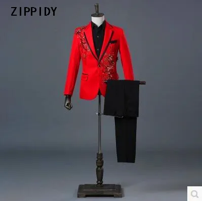 red suit set Новые мужские модные цветочные стразы тонкие костюмы(куртка+ брюки) Dj мужской свадебный певец бар сценический Выпускной Блейзер костюм - Цвет: red suit set