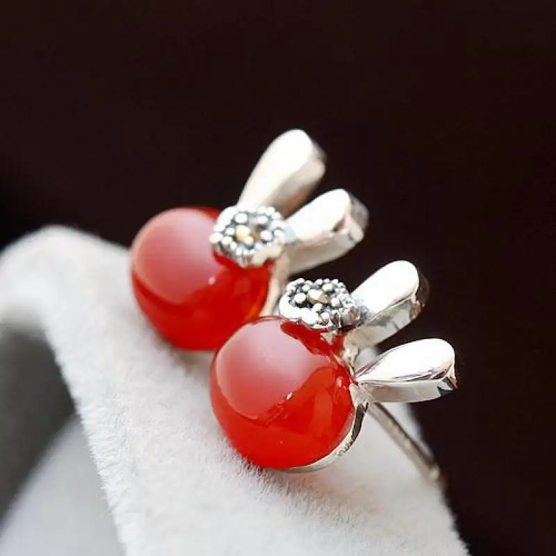 GQTORCH 925 Sterling Silver Earrings For Women Inlaid Natural Red Agate Onyx Yellow Chalcedony Cute Cartoon Lovely Rabbit Girls | Украшения