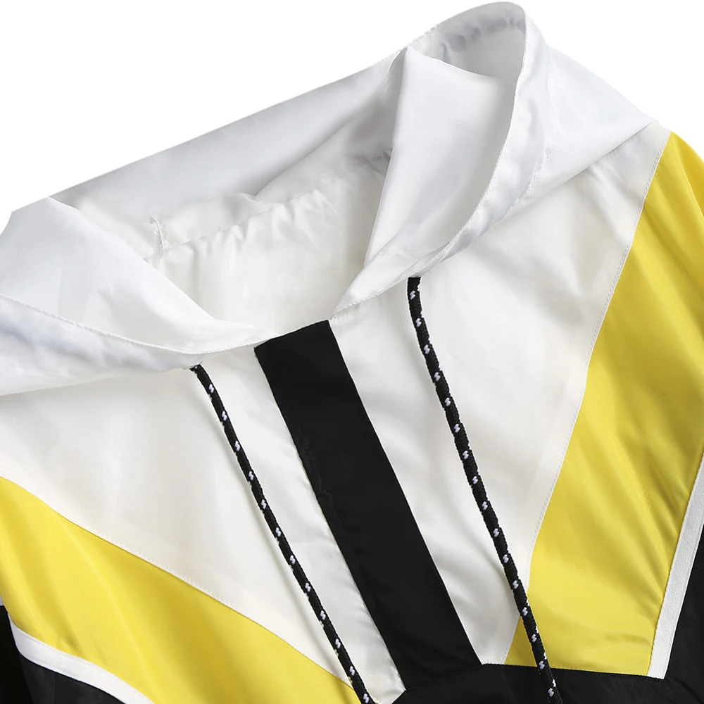 Nice Women Spring Coats Jackets Contrast Half Zip Hooded Windbreaker Outwear College Style Casual Basic | Женская одежда