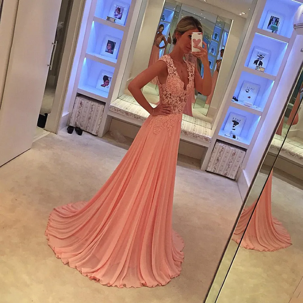Pink Sheer Back Sexy Prom Dresses Illusion Lace Strap Adult Girls Party Dress A Line vestido de festa Evening Gowns | Свадьбы и