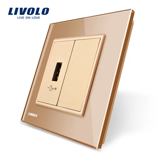 Gold Livolo 4 цвета с украшением в виде кристаллов Стекло Панель, одна банда разъем USB разъем Socket/розетка, C791U-11/12/13/15, без логотипа на Панель - Тип: Gold