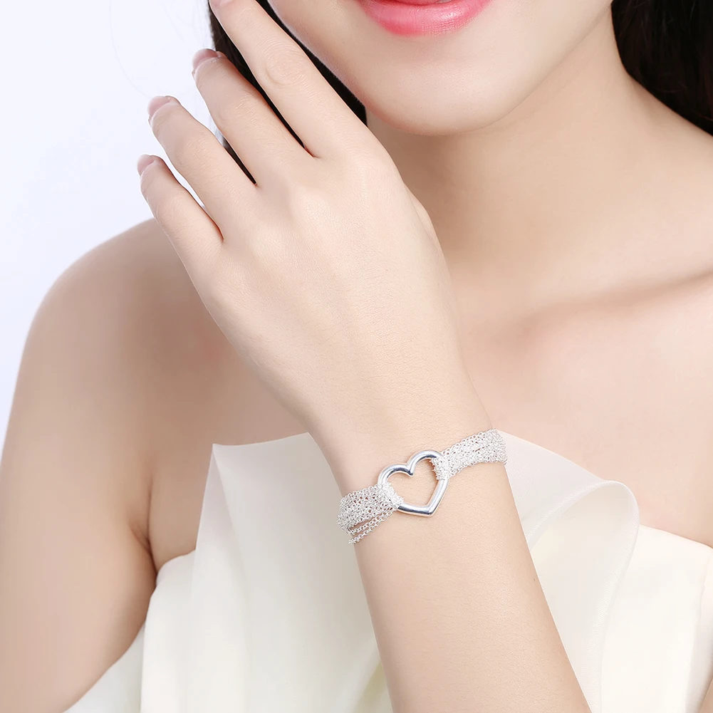 

Mesh Tassel Chain Bracelets For Women Silver-color Fashion Jewelry 20cm Multi Link Chain With Hollow Heart Pendant Bracelet Gift