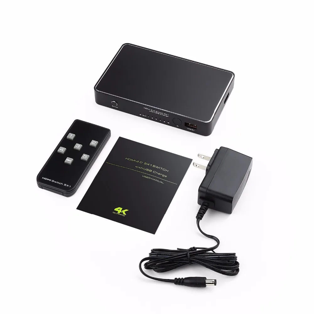 

HDMI 2.0 5X1 HDMI SWITCH with Quick Charge 2.0 USB Charge and IR Wireless Remote, Auto EDID, HDMI 2.0, HDCP 2.2