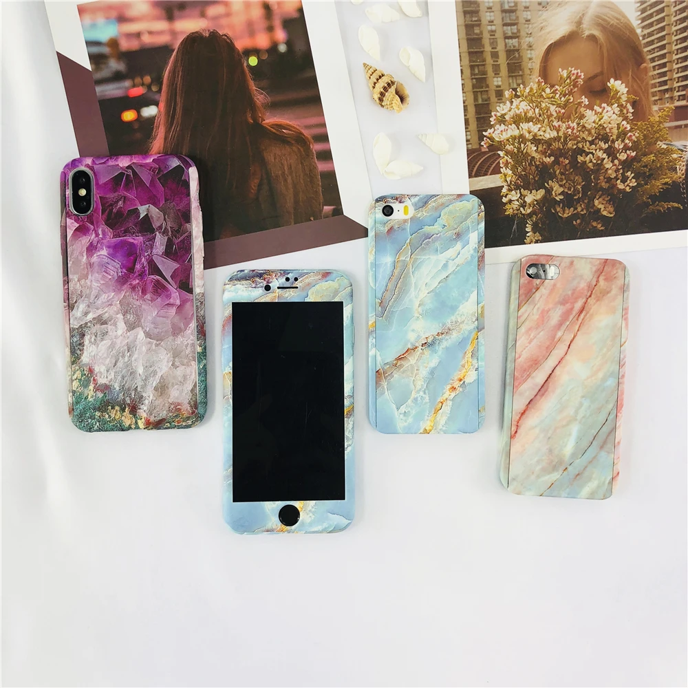 360 Degree Marble Stone Full Protective Hard Luxury Purple Diamond Case for IPhone 6 6S 7 8 Plus 5 SE X Gem Splice |