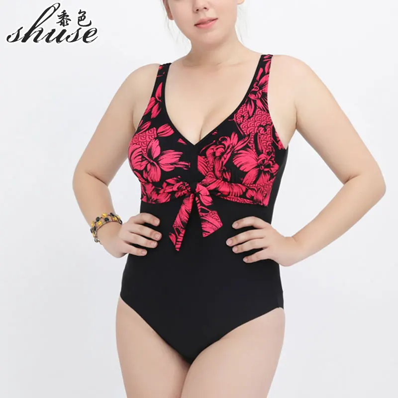 Женские One Pieces Купальники больших Размеры Пинта Цветочный Лоскутная высокой