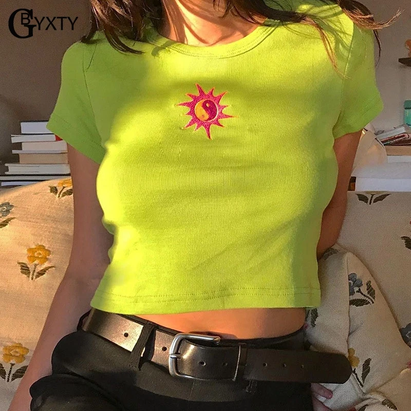 GBYXTY camiseta mujer уличная одежда укороченный топ летняя неоновая зеленая футболка с