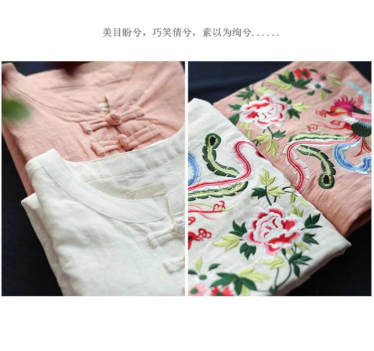 

Autumn Vintage Folk-Custom Embroidery O-Neck Ramie T-Shirt Female Loose Cotton And Linen Long Sleeve Top T-Shirts