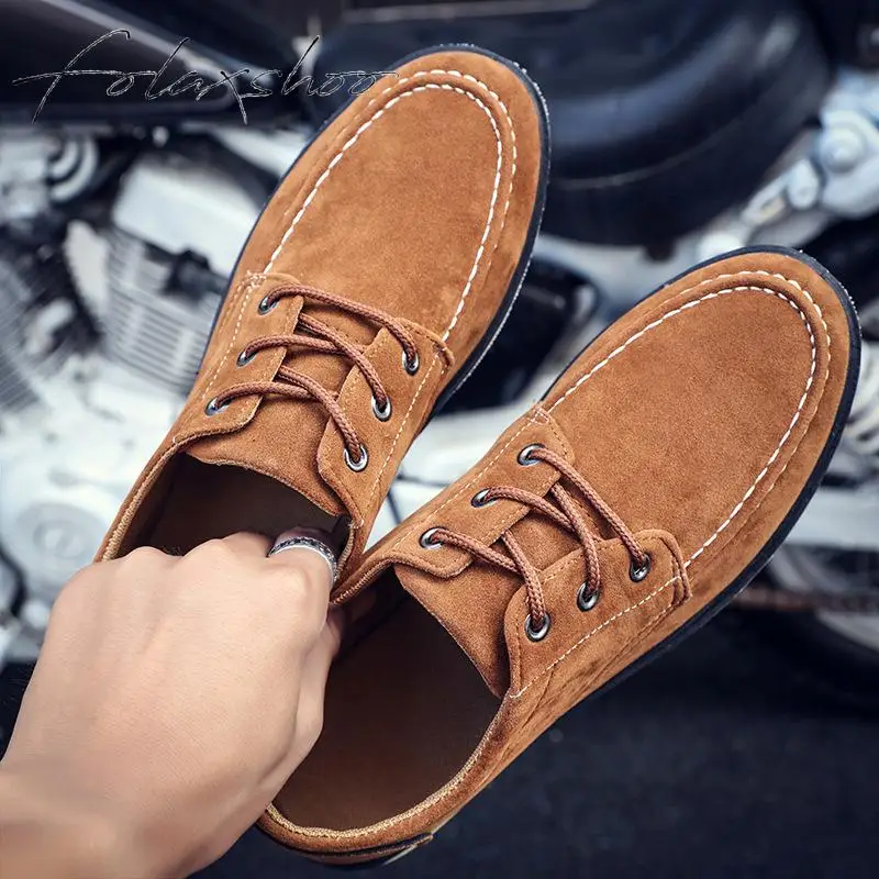 Folaxshoo Lace-up Spring Autumn Man Shoes Leather Men Casual Breathable Suede Mocasines Hombre Chaussure Hommes | Обувь