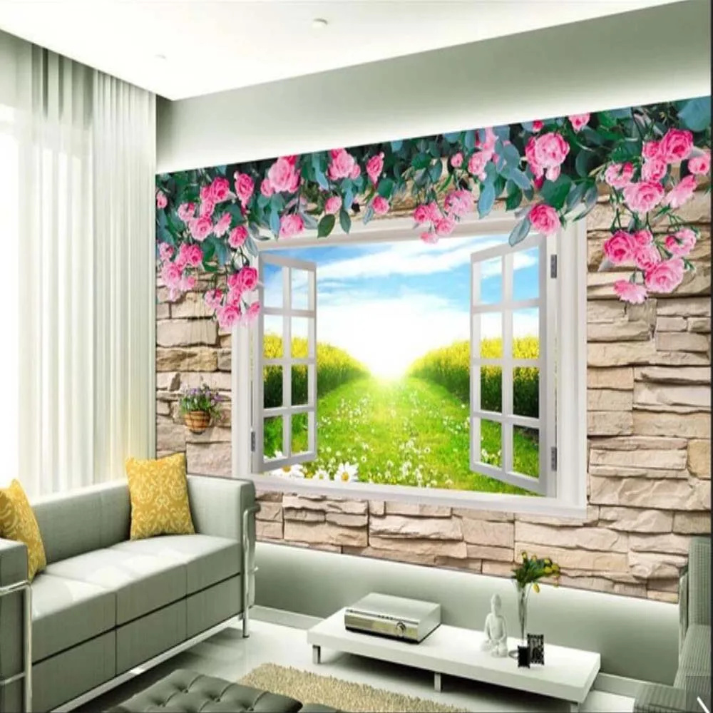 

3D Photo Wallpaper Mural Rose Window Wall Paper Roll for Living Room Bedroom Home Wall Decor Custom Any Size Flower Murals