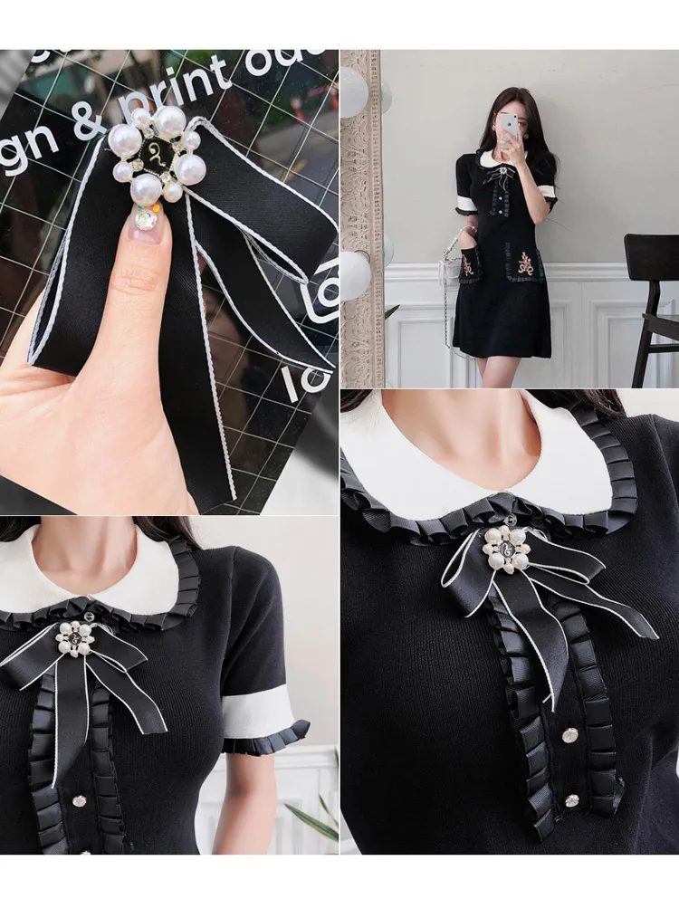 

Korean 2019 Fashion Hit Color Knitting Mini Dress Summer Women Beading Bow Short Sleeve Embroidery Sweet Sweater Dress