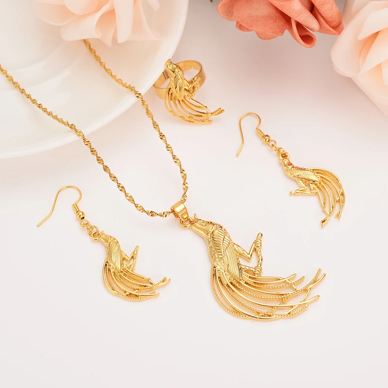 

gold PNG Necklace pendant Earrings ring chain Set Women Party Gift african women Bird of Paradise wedding Jewelry girls charm