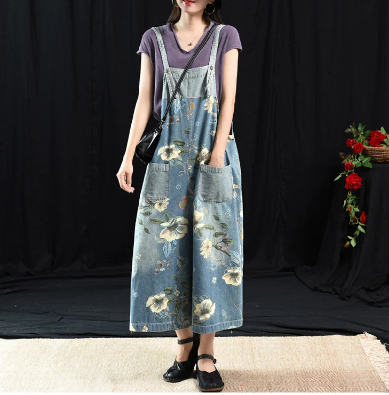 Небесно-голубой Летние женские комбинезоны в стиле ретро, большие размеры, свободные джинсовые комбинезоны, новинка, женские винтажные комбинезоны с цветочным принтом в стиле Mori girl - Цвет: Небесно-голубой