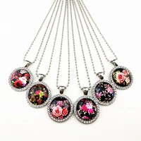 24pcslot new styles red blue black rose lotus daisy dried flower rhinestone pendant ancient silver necklace sweater chain