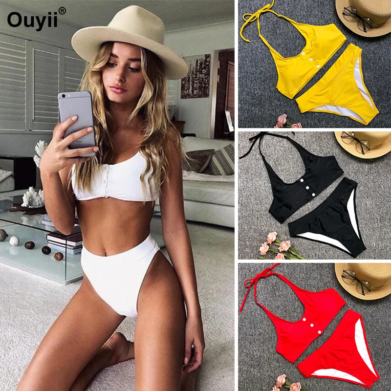 Женский купальник бикини с высокой талией однотонный на пуговицах летний