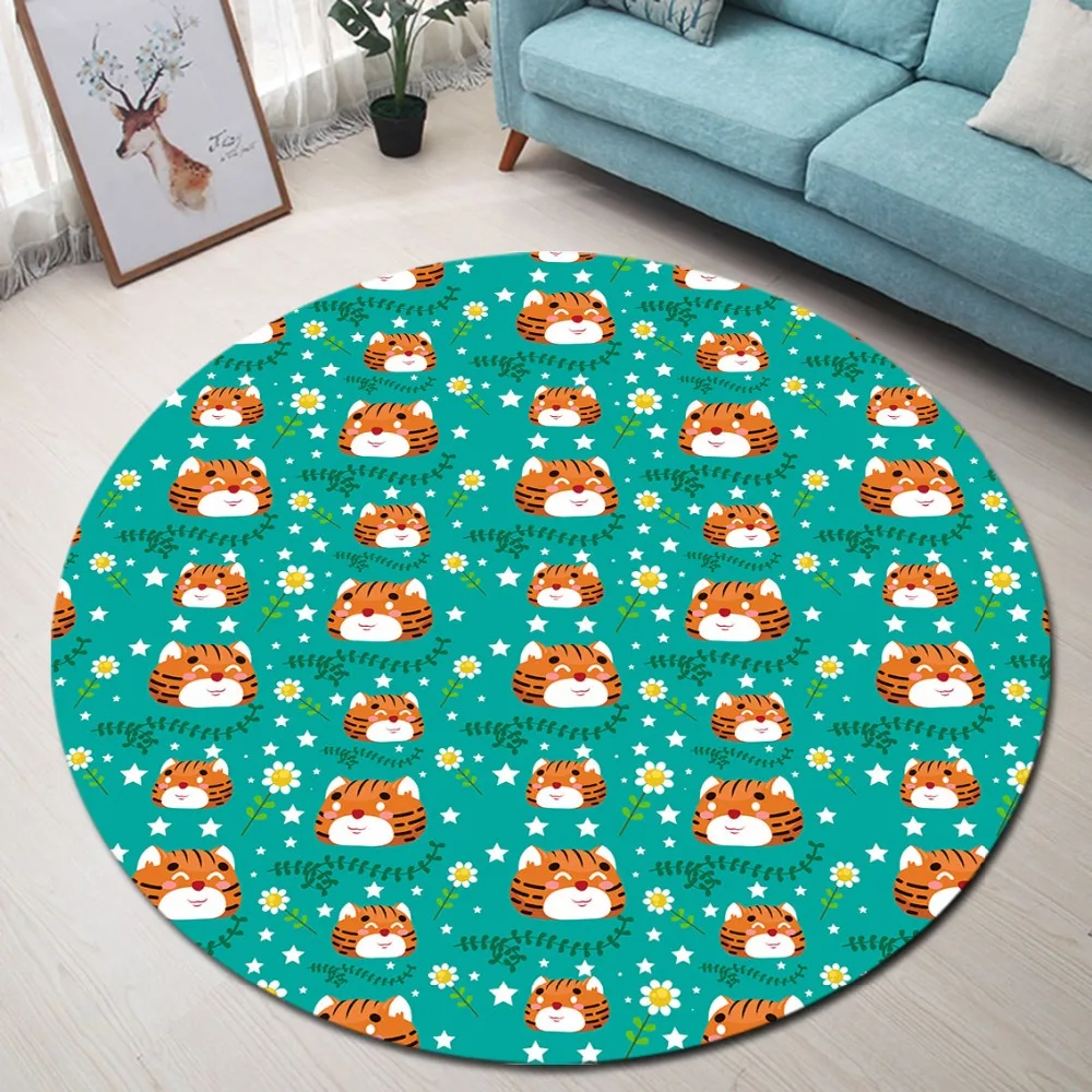 Забавный маленький тигр белый цветок Зеленый лист звезда круглый ковер для детей