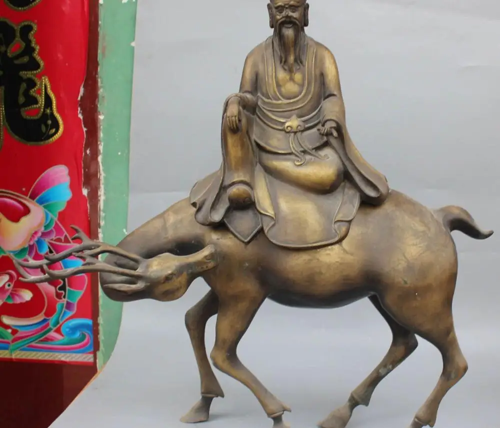 25 &quotКитайский Фэншуй Бронзовый Латунь Бог долголетия Ездить Статуя Оленя|god|god of