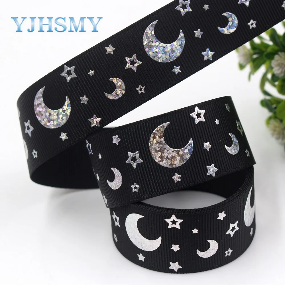 YJHSMYI-19430-1134 25 мм 10 ярдов Лазерная Серебряная Звезда Луна печать grosgrain лента DIY