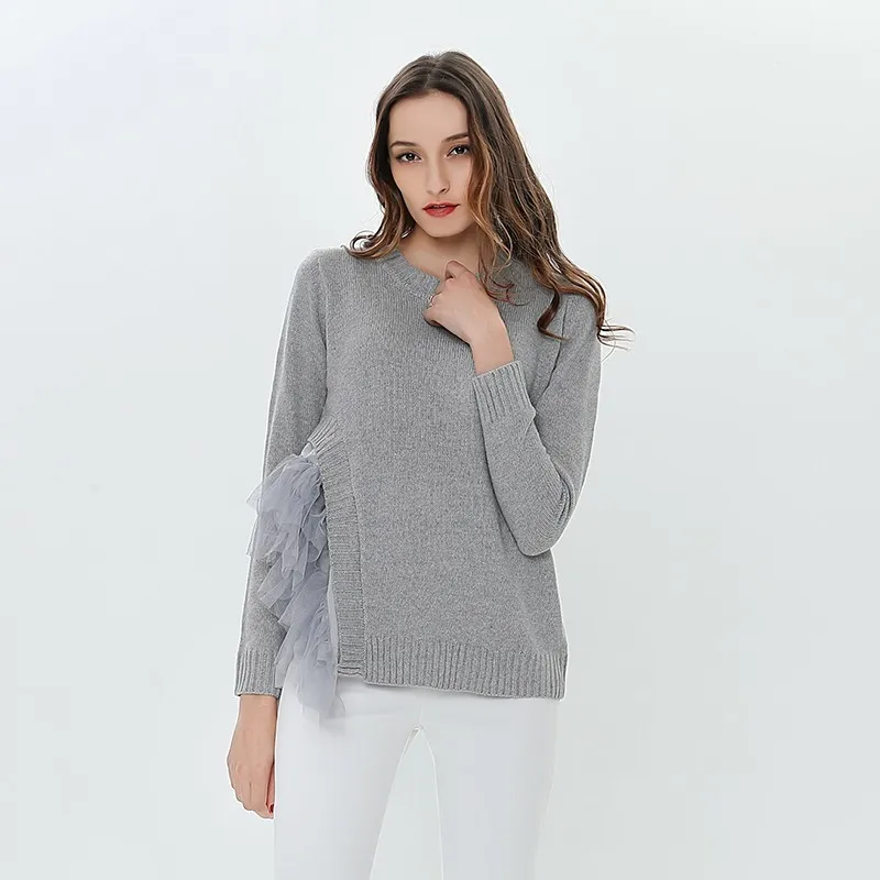 TWOTWINSTYLE Patchwork Mesh Ruffle Sweater For Women Knitted Pullover Female Jumper Black Knitting Tops Large Size Clothing 2020 | Женская
