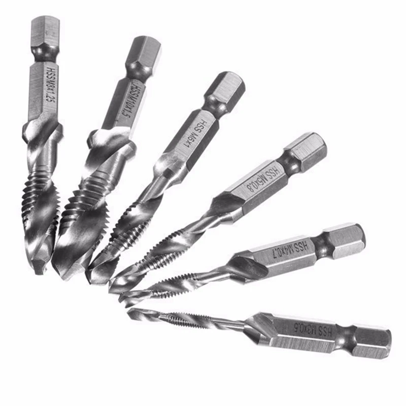 

6pcs HSS 1/4 Inch Hex Shank Combination Drill Tap Countersink Bit Set M3 M4 M5 M6 M8 M10 Metric Deburr Chamfering Bits