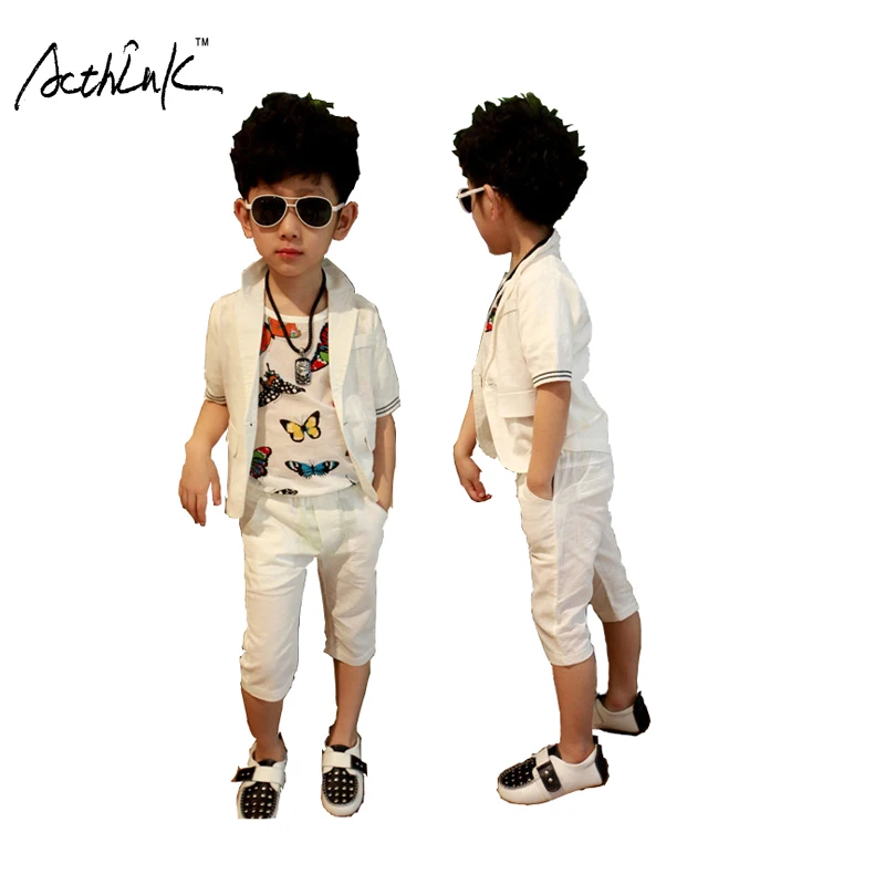 ActhInK New Summer Children 2Pcs Solid Short Sleeve Suit for Boys Kids Korean Style Cotton Clothing Set Formal ZC094 | Мать и ребенок