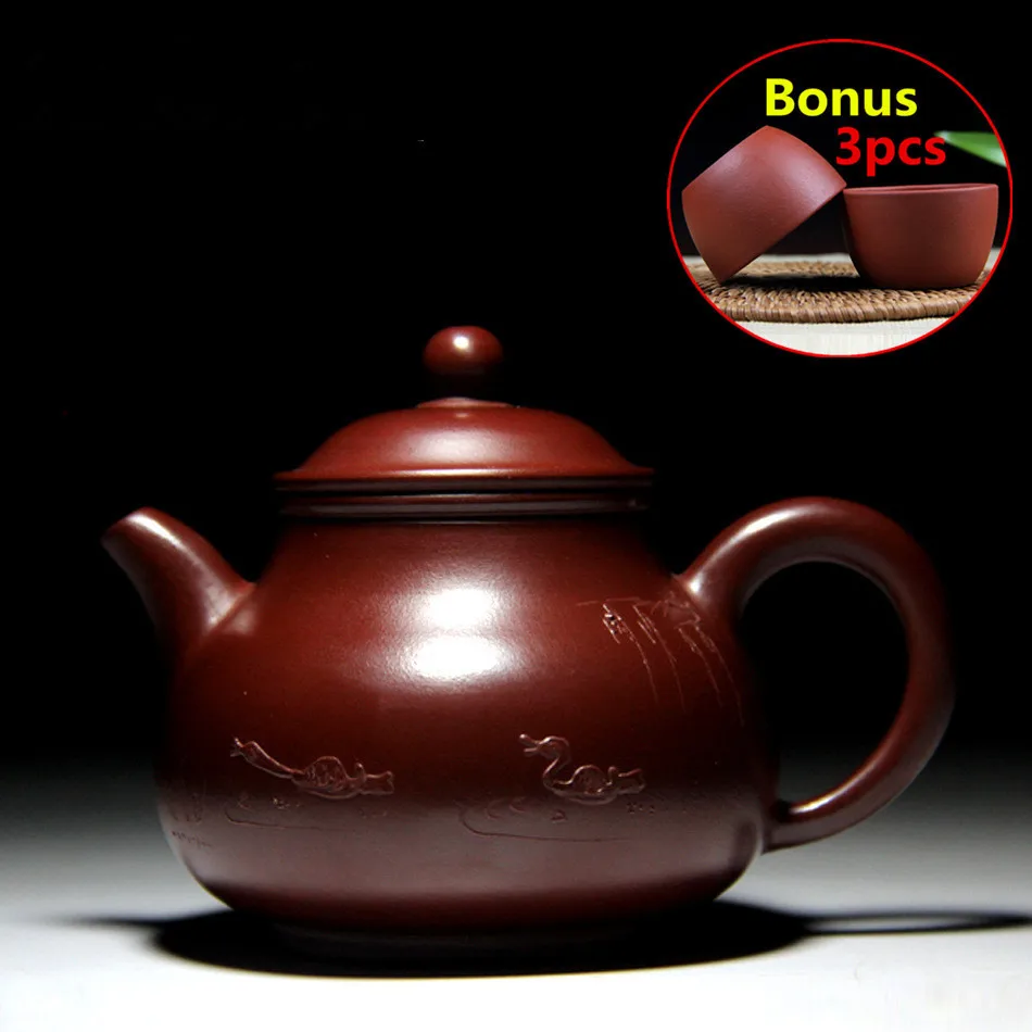 

120ml Ceramic Purple Clay Tea Set Chinese Handmade Tea Pot Yixing Purple Sand Teapots Kung Fu Porcelain Kettle Set Bouns 3 Cups