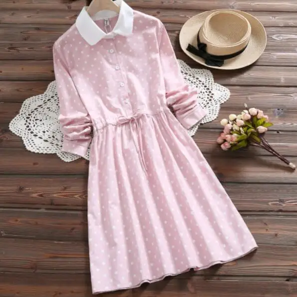 Женское милое платье в горошек Mori желто розовое элегантное с длинными рукавами