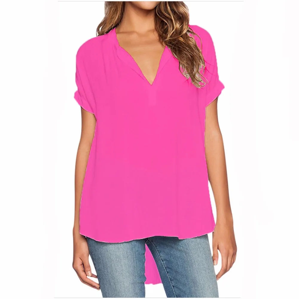 Women Summer Chiffon Tees Solid Simple V-neck Short Sleeve Loose Tops MT1443 | Женская одежда