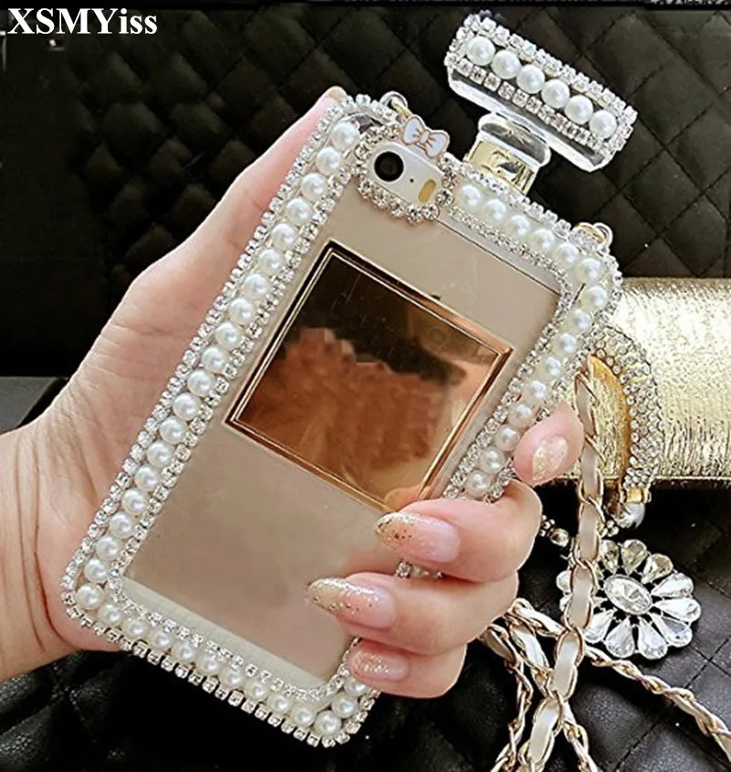 XSMYiss диаманта Bling совпадать с жемчугом флакон духов формы цепи сумки из