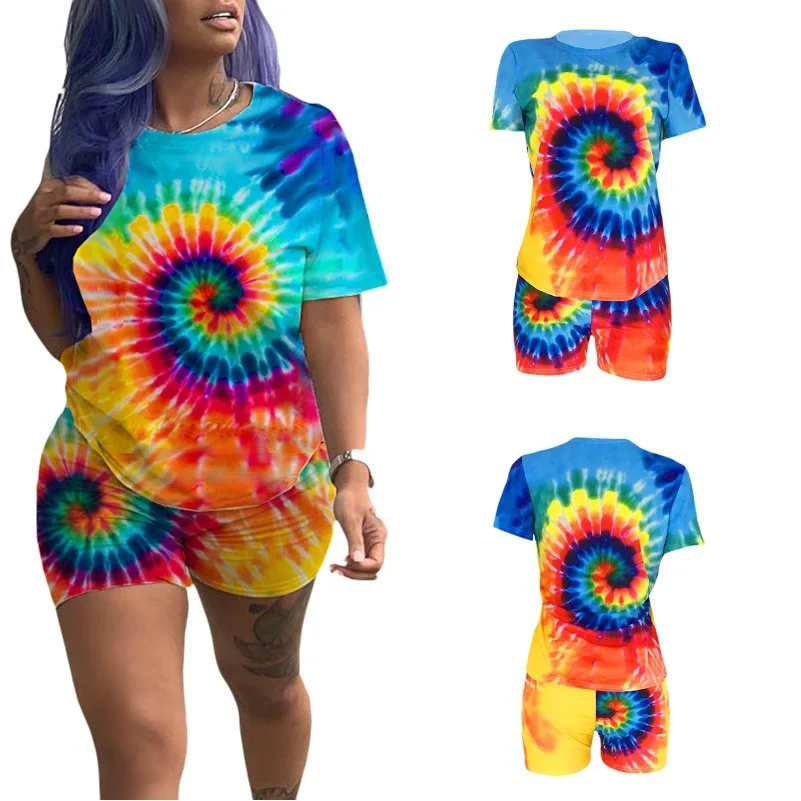 Женский костюм двойка с короткими рукавами Модный комплект принтом и шорты лето
