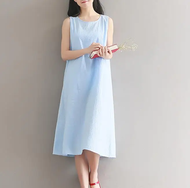 Женское льняное платье без рукавов размера плюс сплошного цвета на лето 2020 |