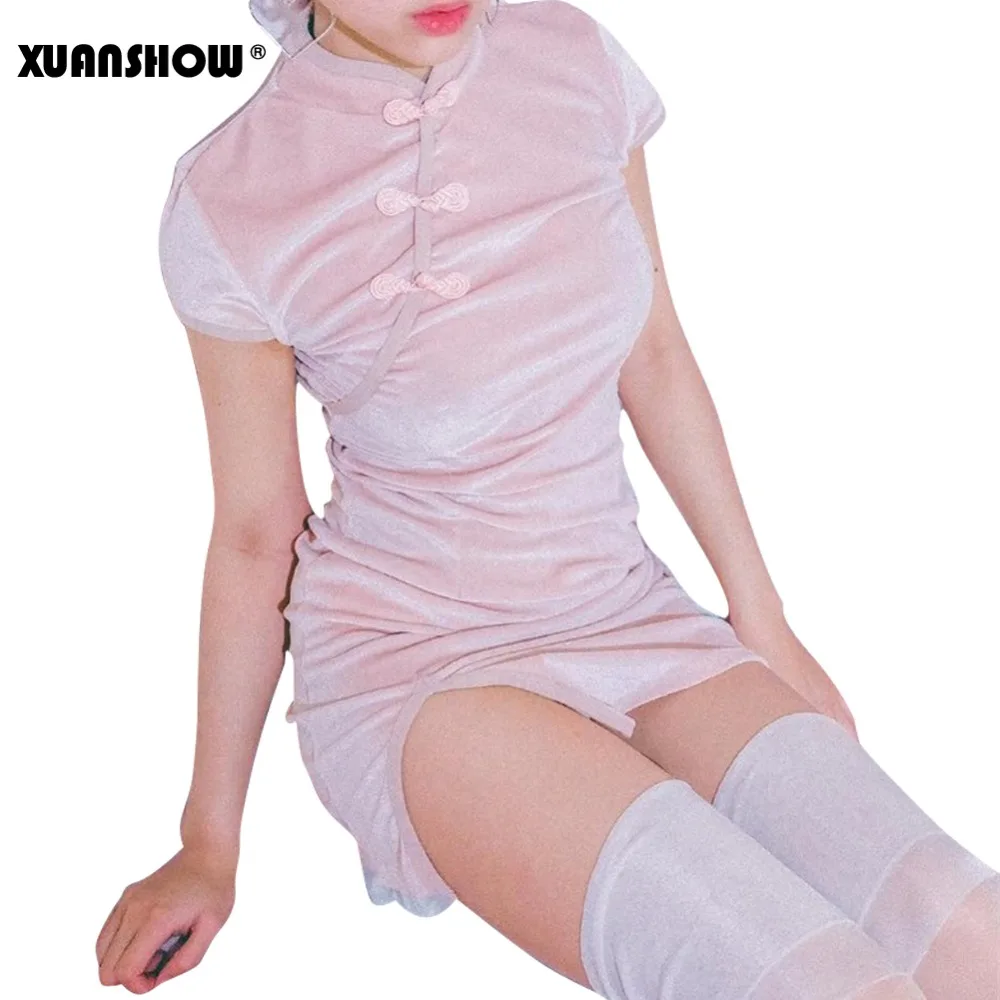 Женское бархатное платье с коротким рукавом XUANSHOW облегающее однотонное на