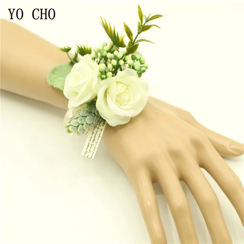 

YO CHO Delicate Milky Green Rose Wrist Corsage Bridesmaid Sisters Hand Flowers Artficial Bride Flower For Wedding Party Decor