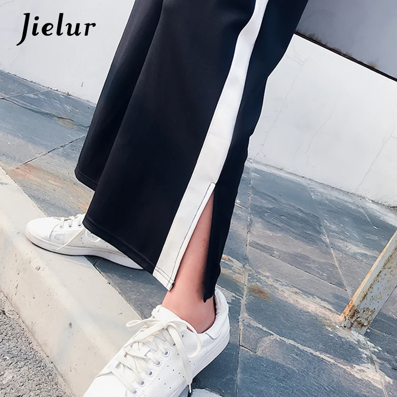 Брюки Jielur женские с эластичным поясом шикарные черные брюки клеш белыми