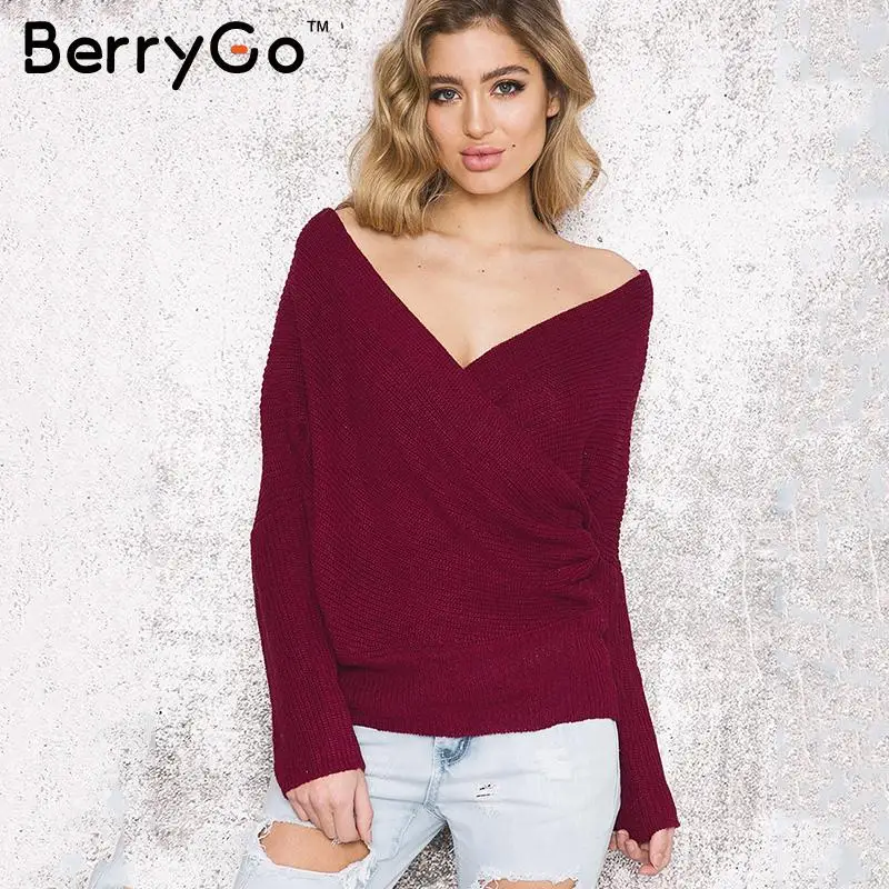 Женский вязаный свитер с v-образным вырезом BerryGo элегантный Свободный Длинный
