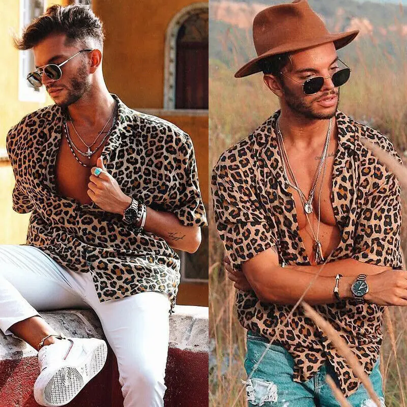 Рубашка мужская с коротким рукавом леопардовая свободная летняя повседневная