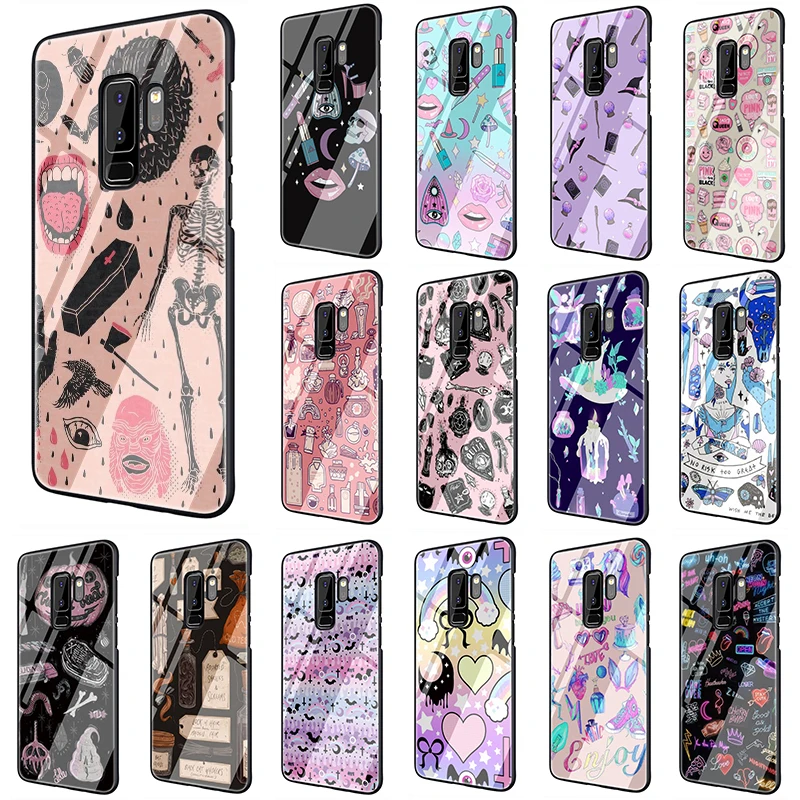 Girly пастельных ведьмы закаленное Стекло мягкий чехол для телефона для samsung Galaxy S7 край S8 S9 S10 Note 8, 9, 10, плюс A10 20 30 40 50 60 70