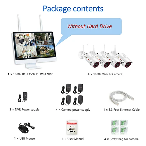 4PCS White ANRAN H.265 8CH NVR 15 дюймов монитор 4 шт 2 шт 2.0MP 36IR Открытый 1080 P ночного видео Беспроводной Камера безопасности Системы 1/2/3 ТБ HDD - Цвет: 4PCS White