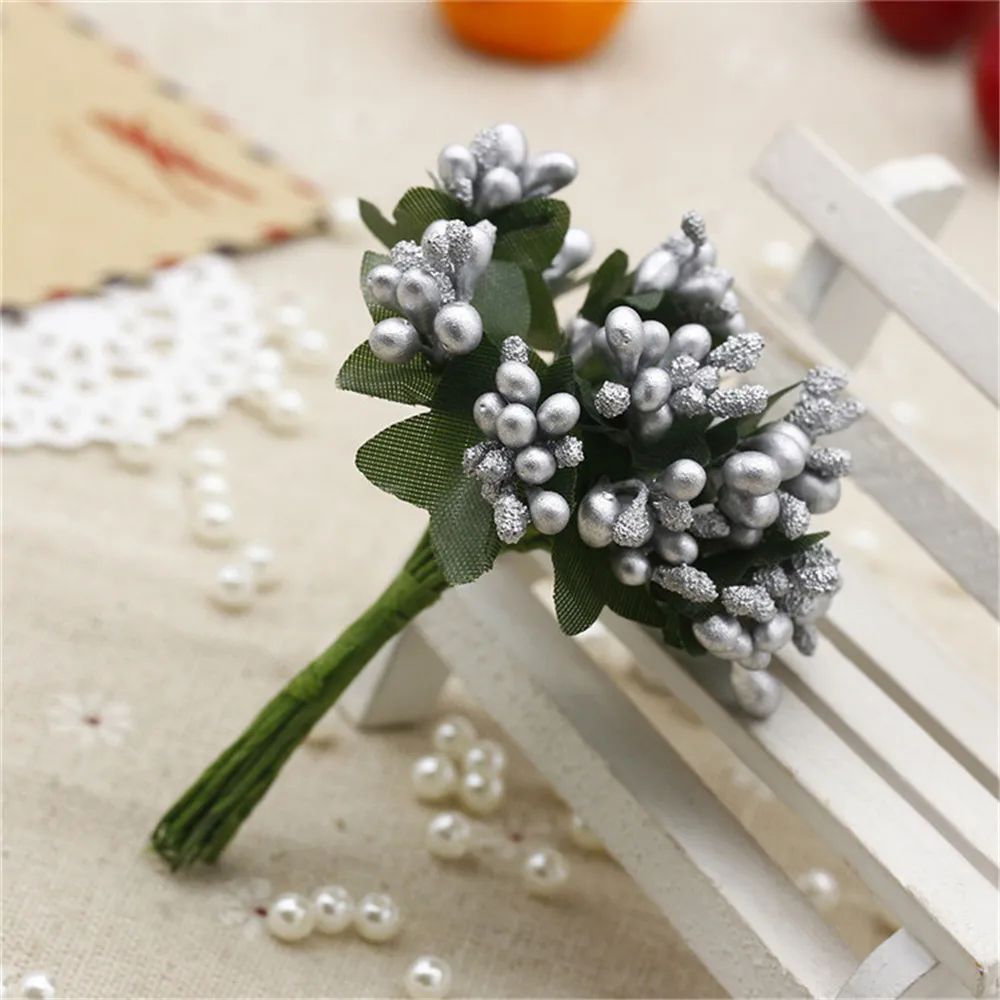 Silver 12 шт./лот, искусственные цветы, тычинки и листья, венок, Свадебная коробка, украшение - Цвет: Silver